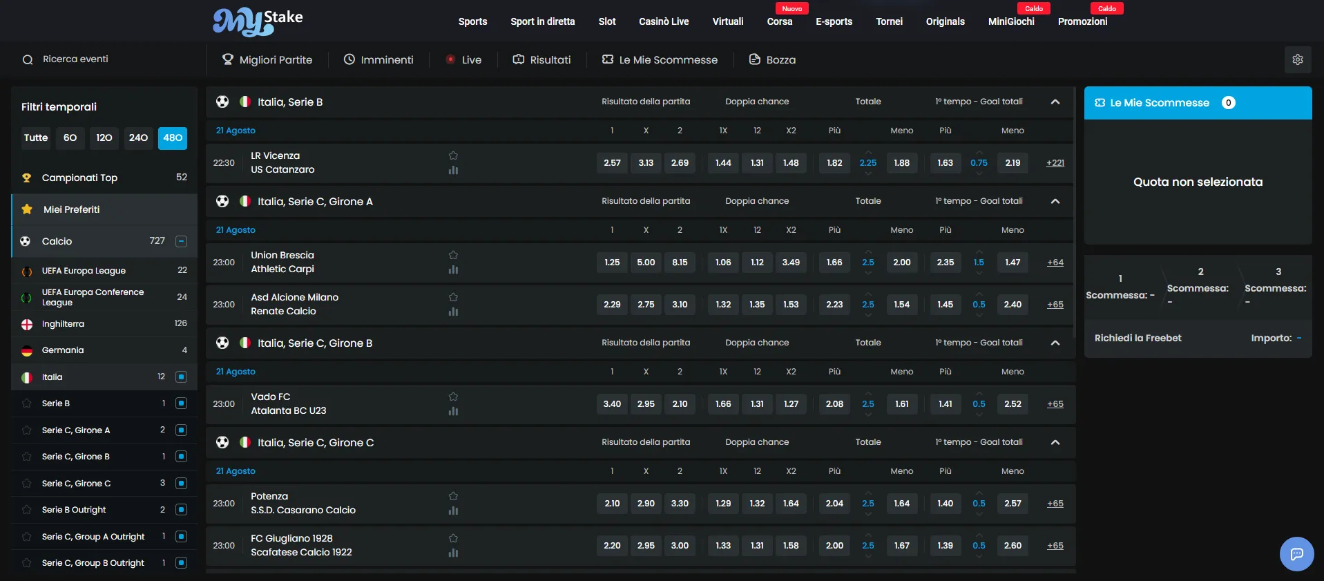 Palinsesto pre-match del sportsbook MyStake con le partite di calcio