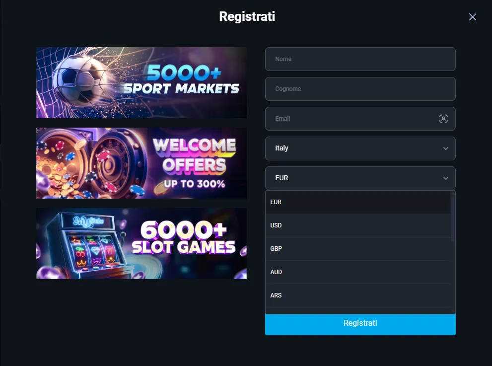 Menu di selezione della valuta nel modulo di registrazione MyStake