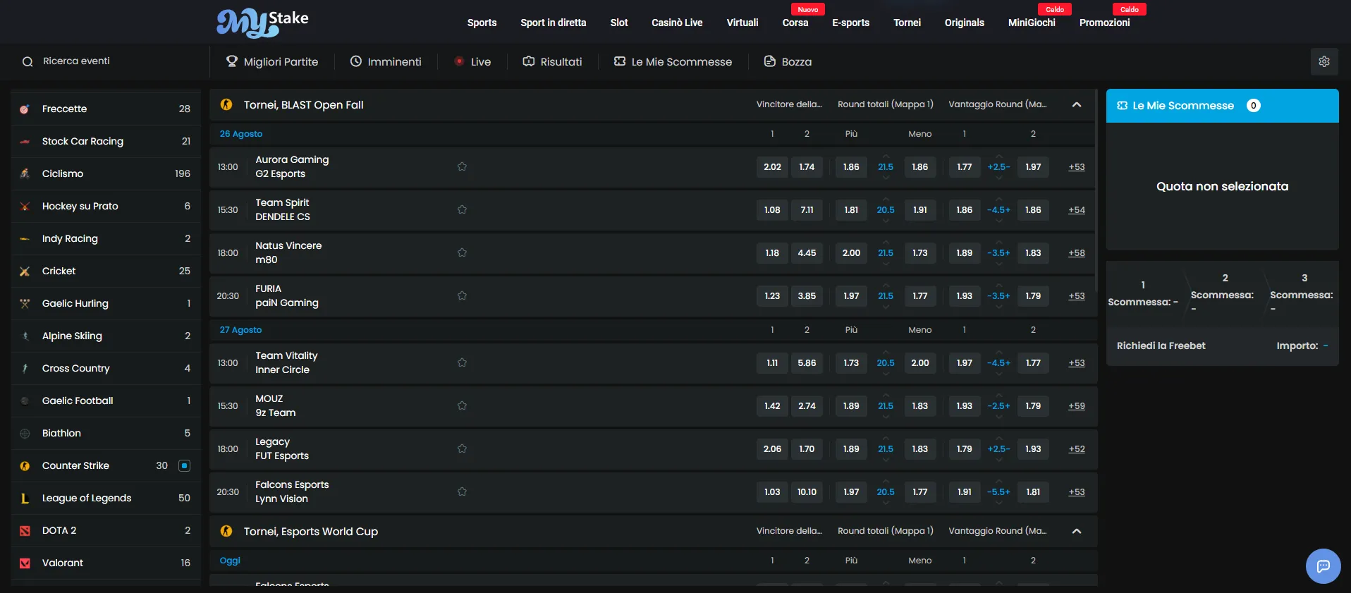 Sezione esports di MyStake con i match di Counter-Strike