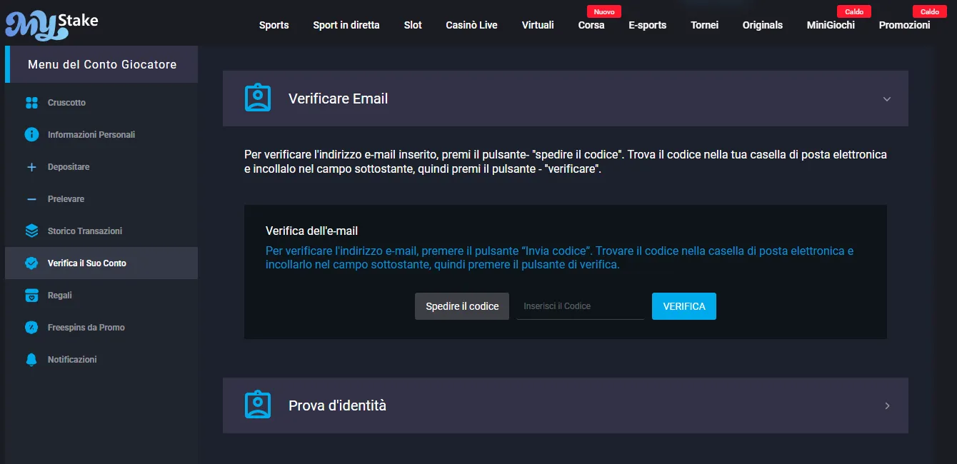 Pagina di verifica del conto MyStake con il campo del codice