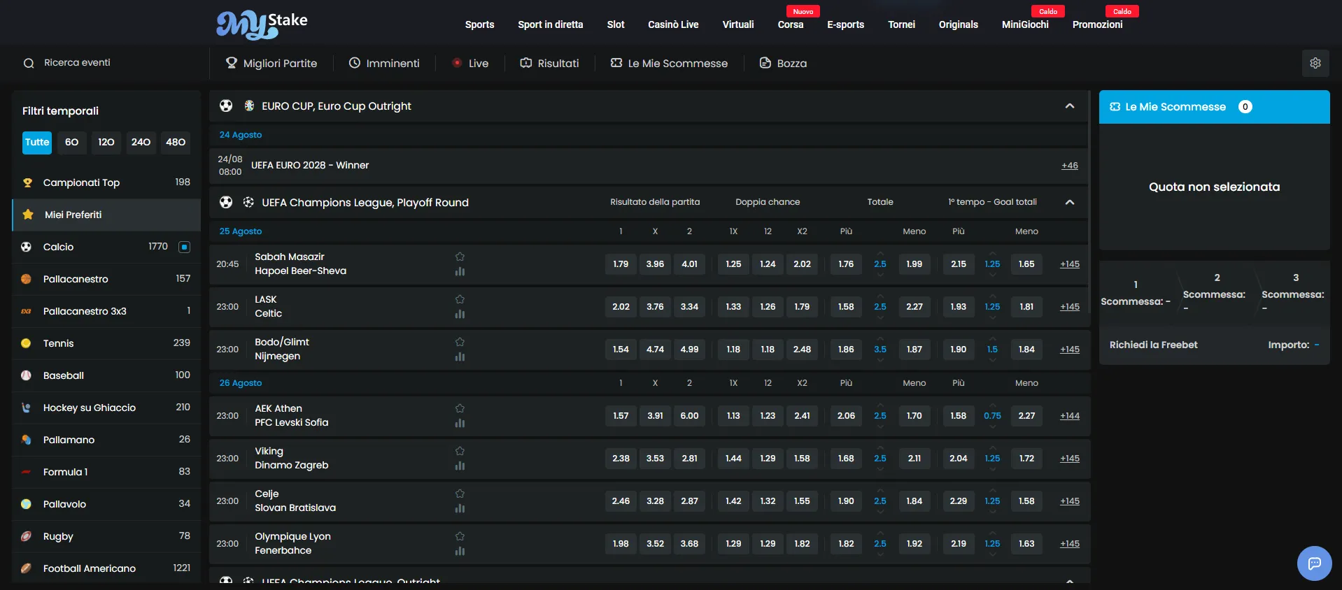 Pagina di una partita di calcio su MyStake con i mercati disponibili