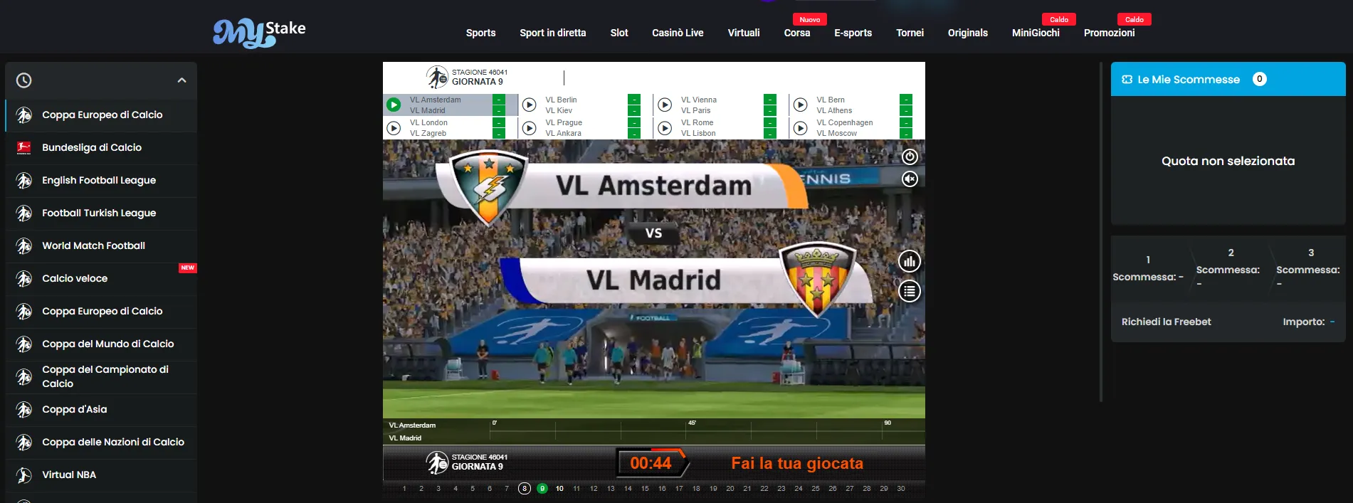 Schermata degli sport virtuali di MyStake