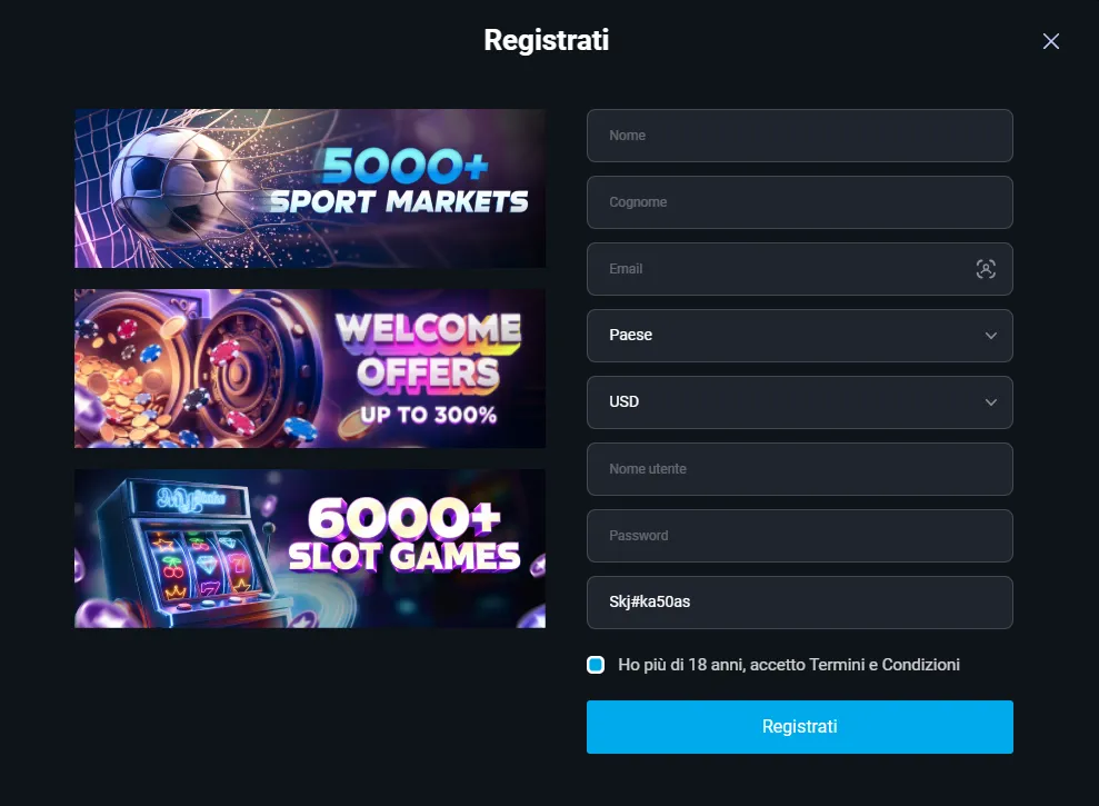 Modulo di registrazione MyStake con i dati personali compilati