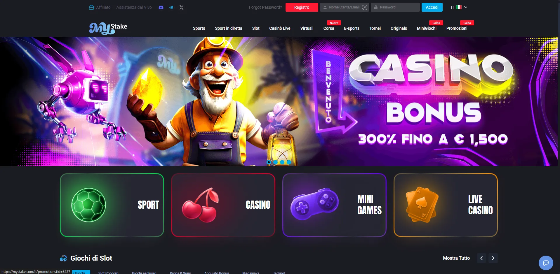 Homepage di MyStake con i pulsanti Registro e Accedi nell'intestazione