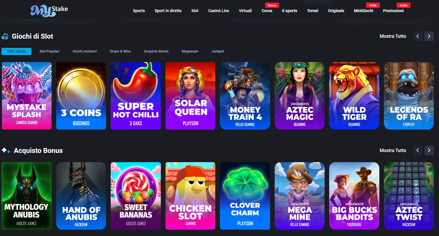 Lobby casinò di MyStake con le miniature delle slot